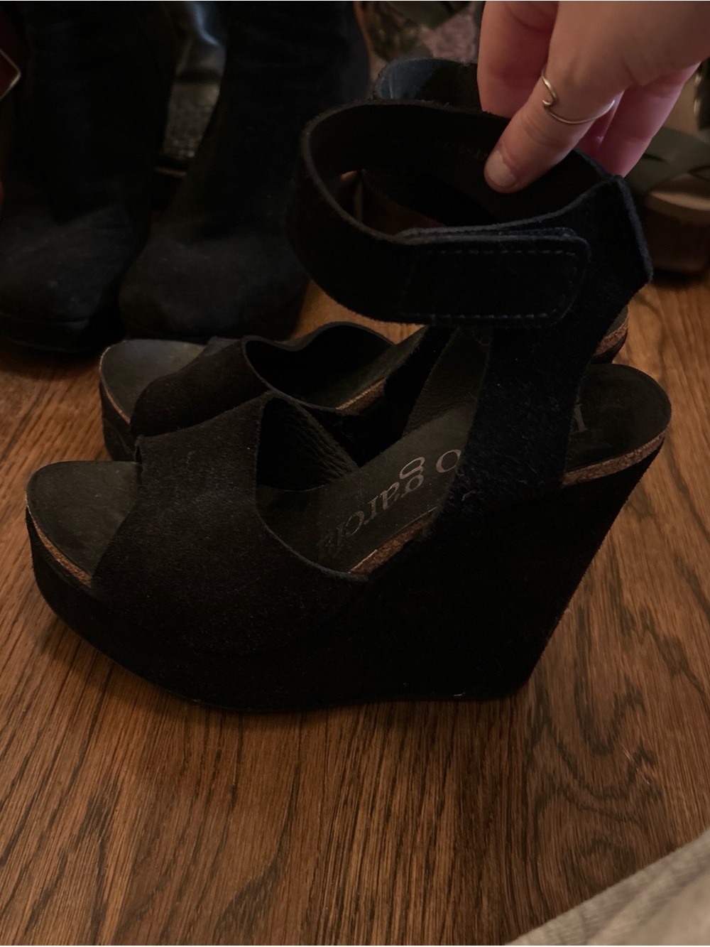 Pedro Garcia Black Suede Ankle-Strap Wedge Sandals
